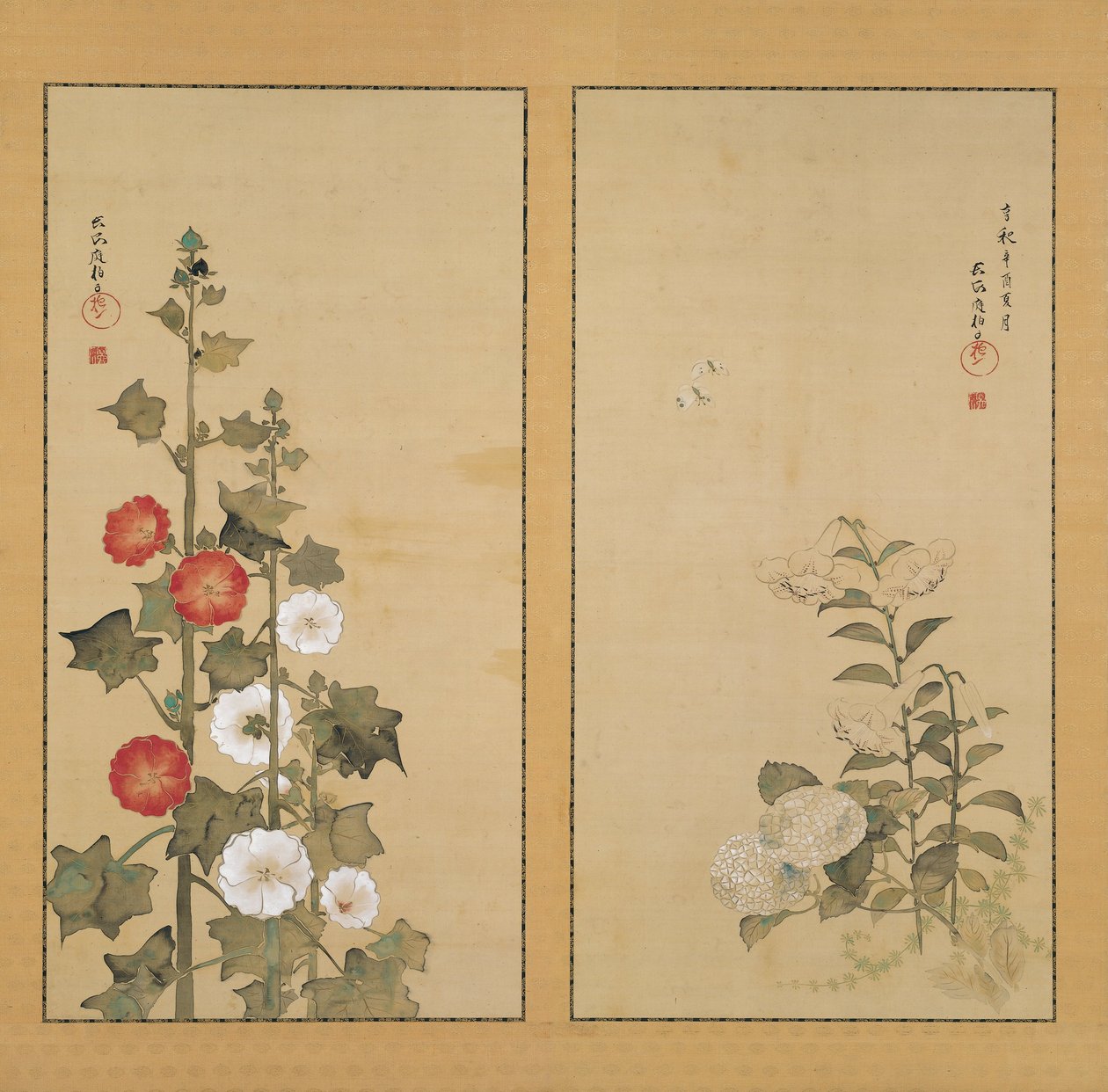 Lys avec hortensias et roses trémières - Sakai Hoitsu