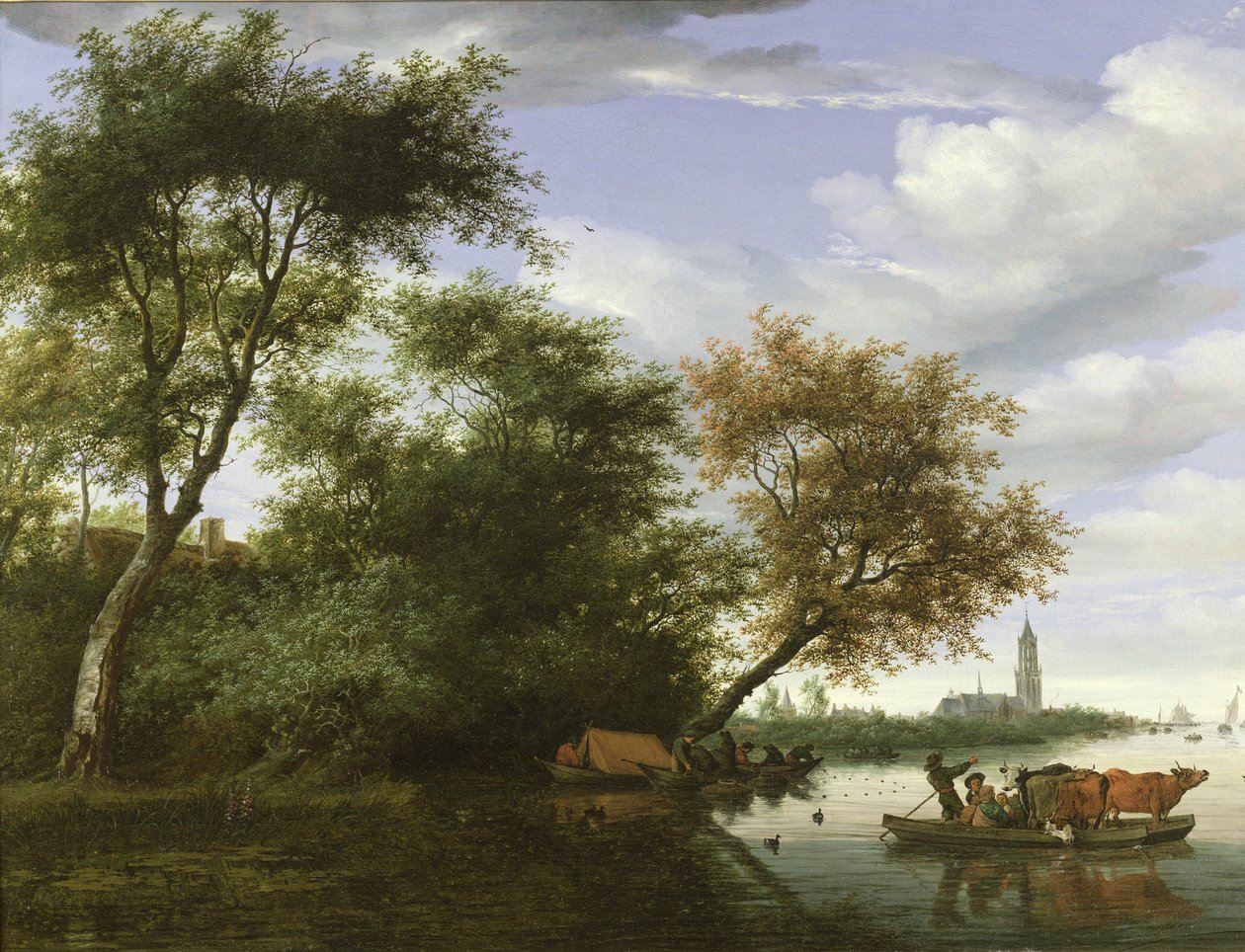 Paysage fluvial boisé avec des personnages et du bétail sur un bac - Salomon van Ruisdael or Ruysdael