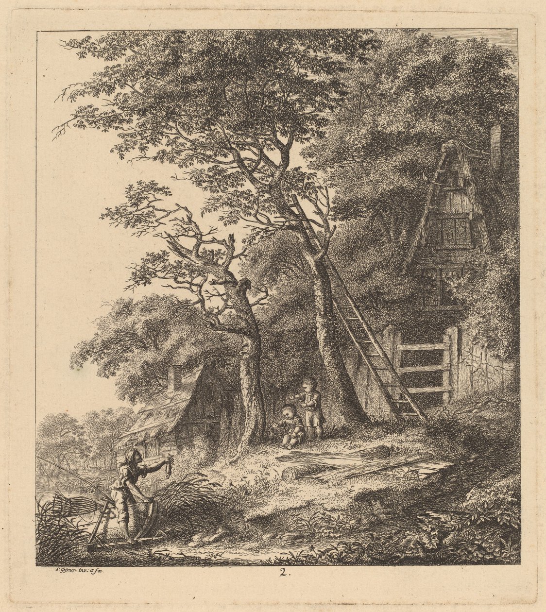 Un pêcheur et deux enfants dans un paysage avec des cottages au toit de chaume - Salomon Gessner
