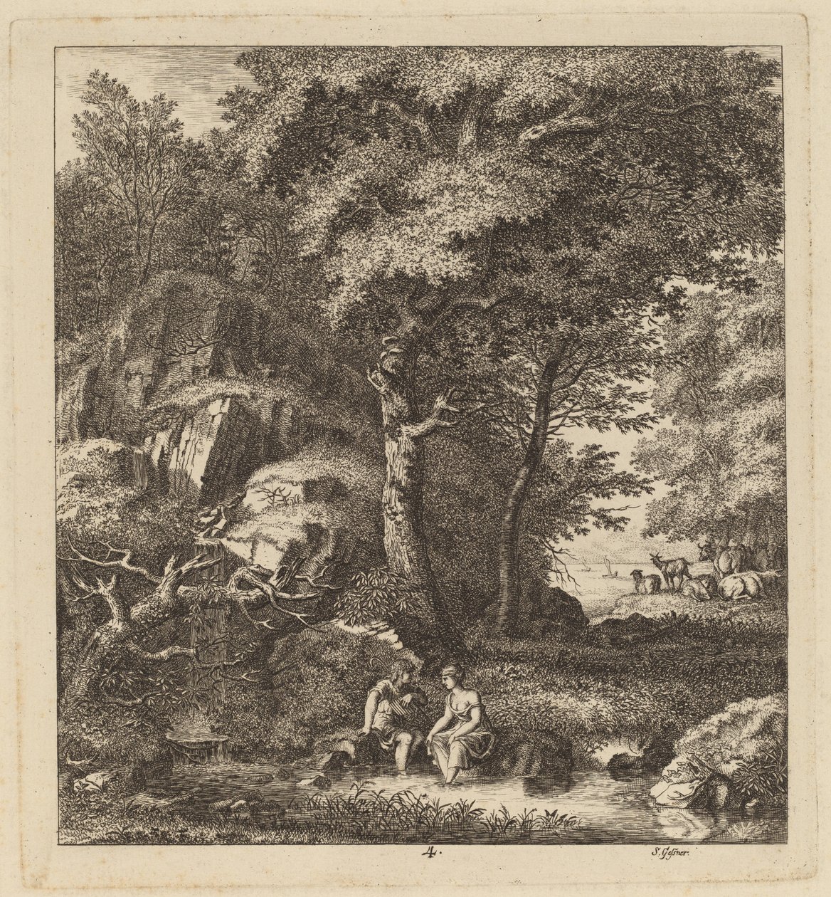 Un berger et une jeune femme avec leurs pieds dans un ruisseau - Salomon Gessner