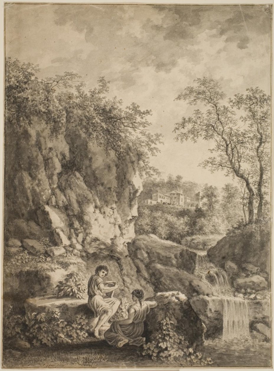 Paysage rocheux avec un ruisseau. Au premier plan, un jeune homme avec une flûte de roseau et une jeune femme. - Salomon Gessner