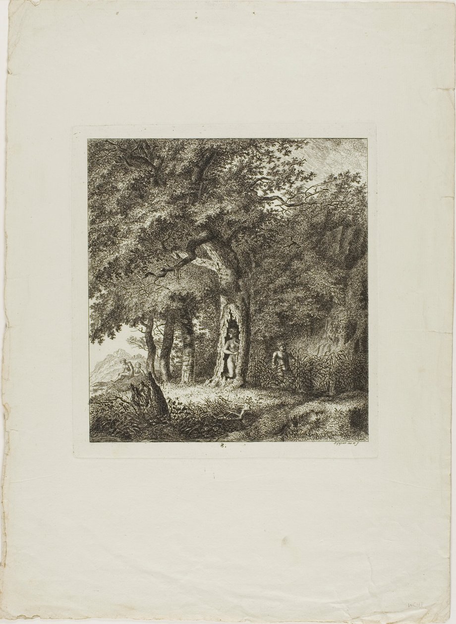 Nymphe se cachant dans un arbre, planche huit des Paysages Dédiés à M. Warelet - Salomon Gessner