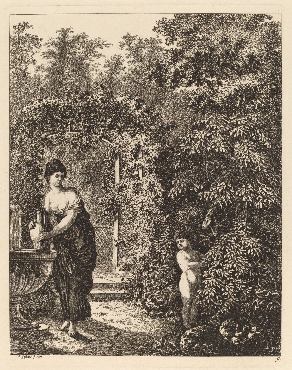 Putto visitant une fille à une fontaine, 1771 - Salomon Gessner