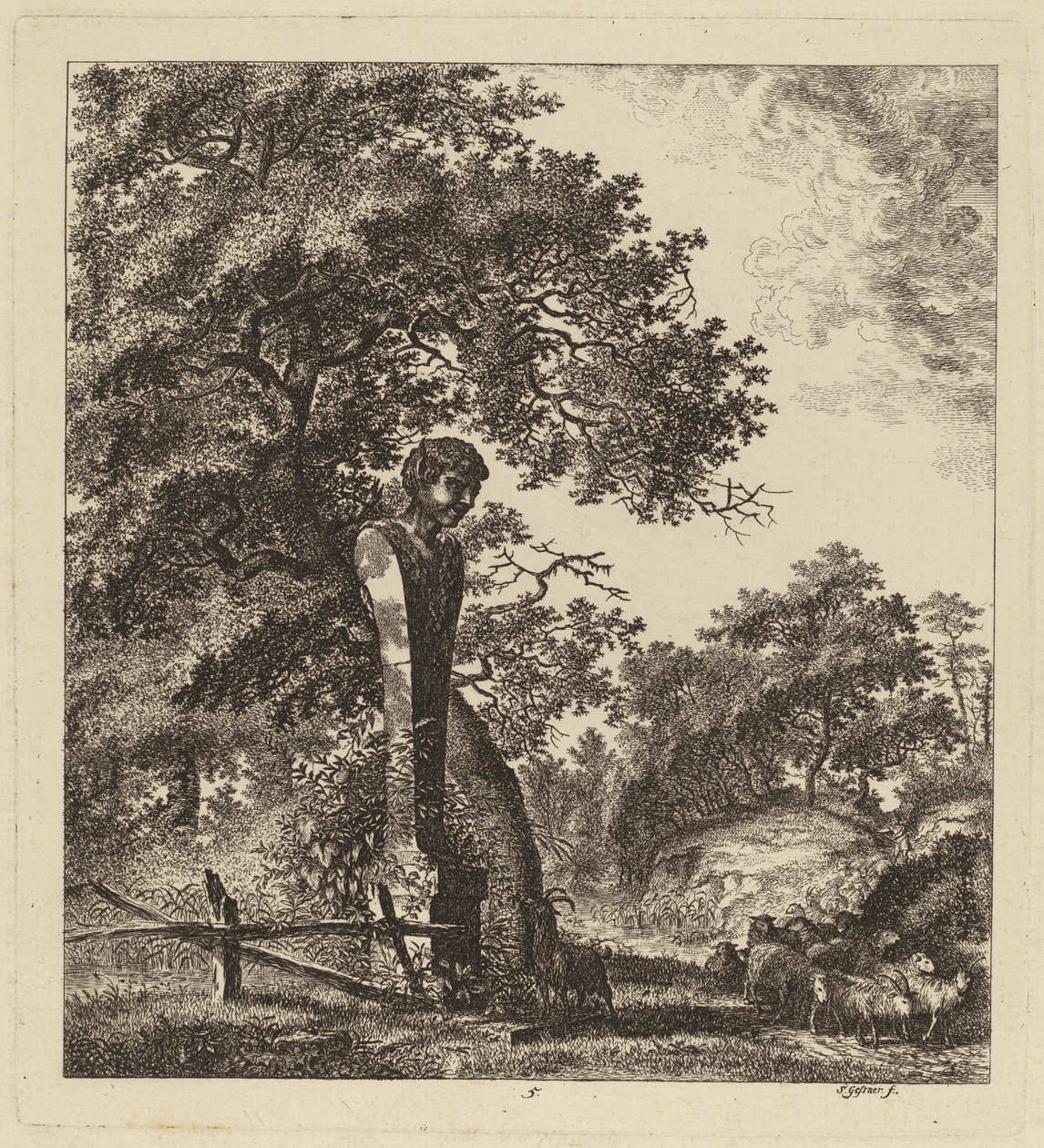 Paysage boisé avec un troupeau de chèvres et un Herm - Salomon Gessner