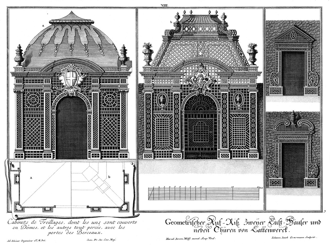 Élévation de deux pavillons en treillis et de deux portes de la galerie, plan de deux solutions de toit - Salomon Kleiner