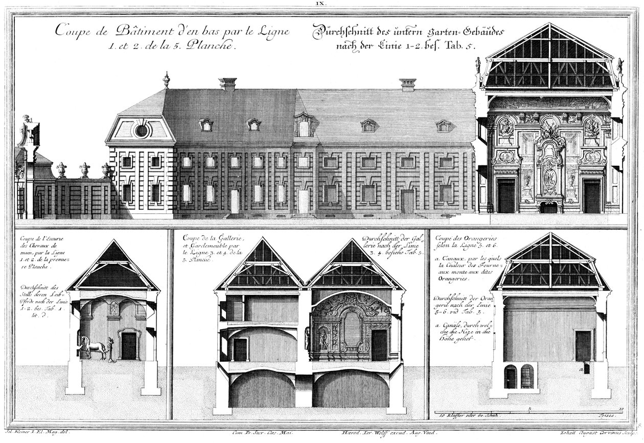Trois coupes transversales du château inférieur, coupe transversale de l