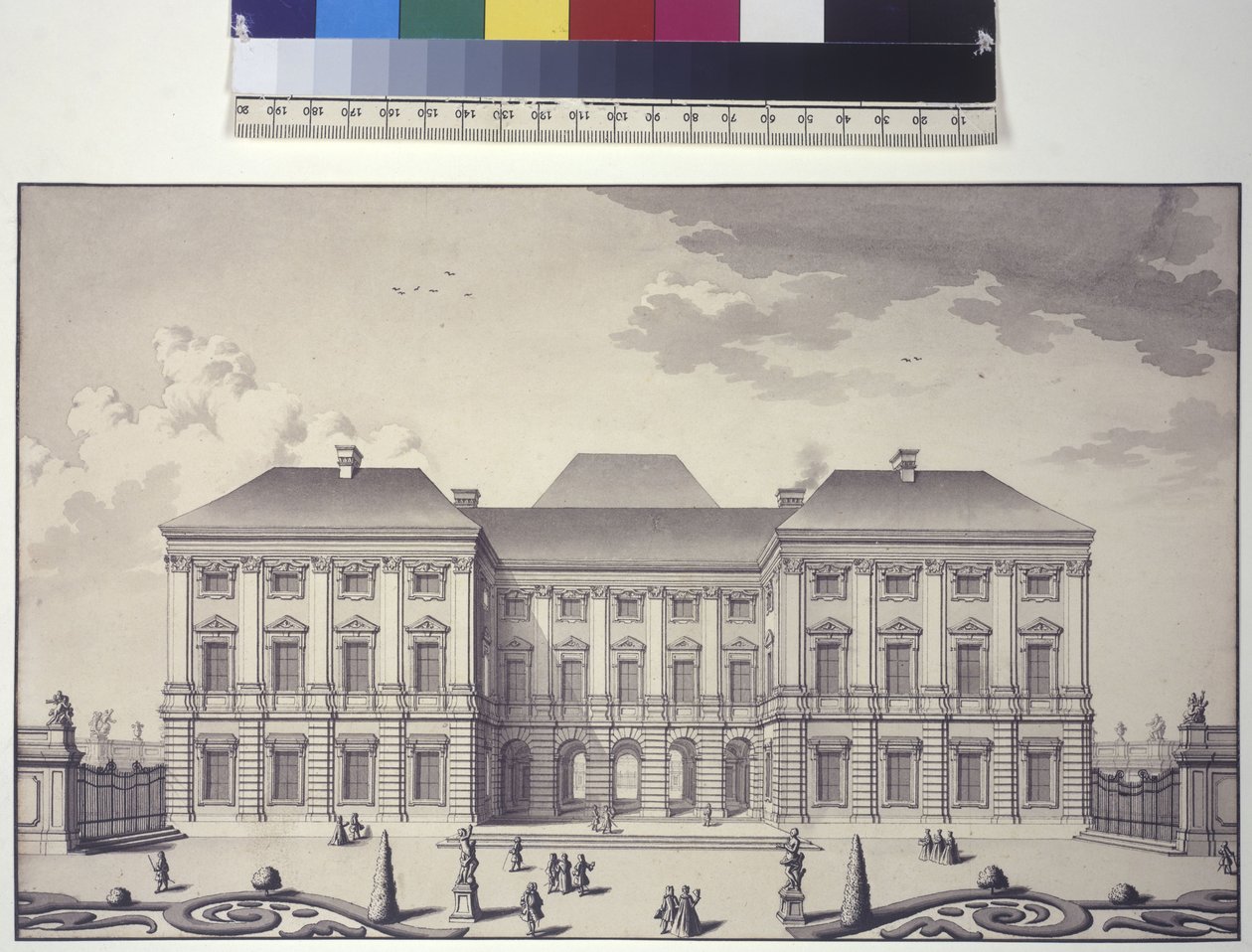 Pleine page : vue de la façade du jardin du palais Liechtenstein à Rossau (dessin à la plume et à l