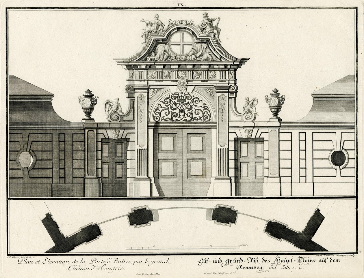 Plan et élévation de la porte principale du château inférieur du Rennweg - Salomon Kleiner