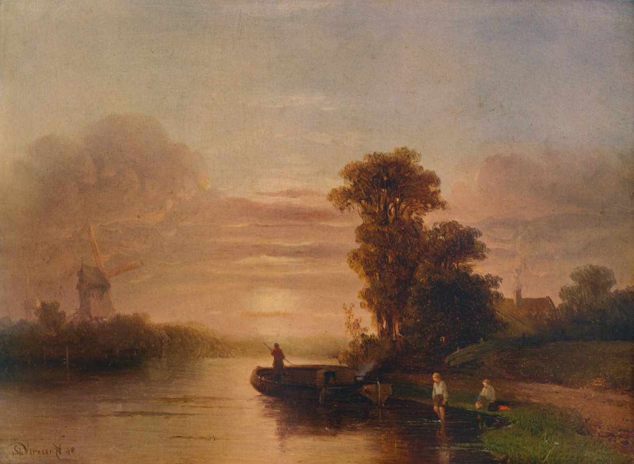 Coucher de soleil sur une rivière, avec moulin à vent et cottage, 1848, 1938 - Salomon Leonardus Verveer