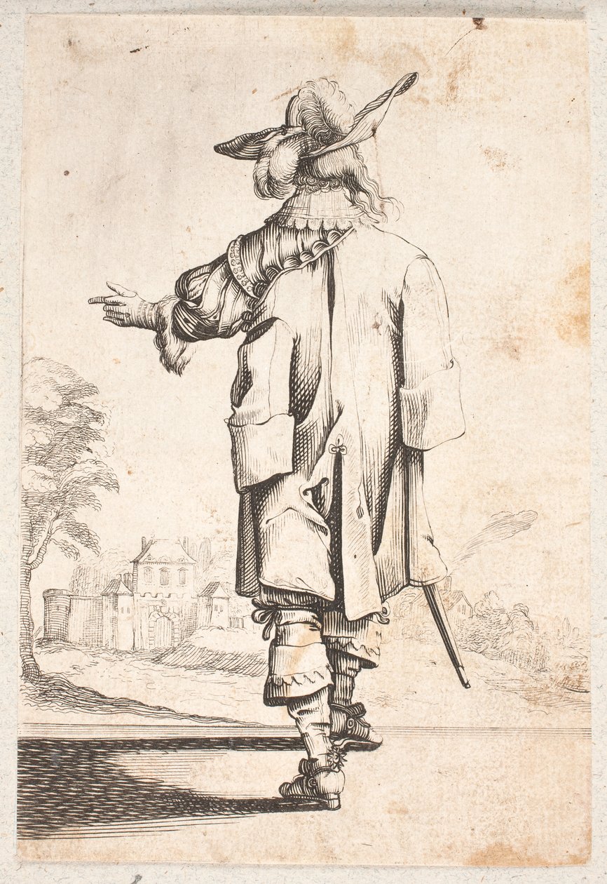 Cavalier vu de dos : Gestes avec la main gauche. Porte une cape et un chapeau à plumes. Ville fortifiée et porte au-delà - Salomon Savery