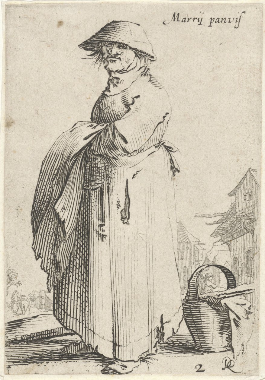 Femme avec un tissu sur le bras, un panier au sol derrière elle (Marrij panvis, La vie des paysans) - Salomon Savery