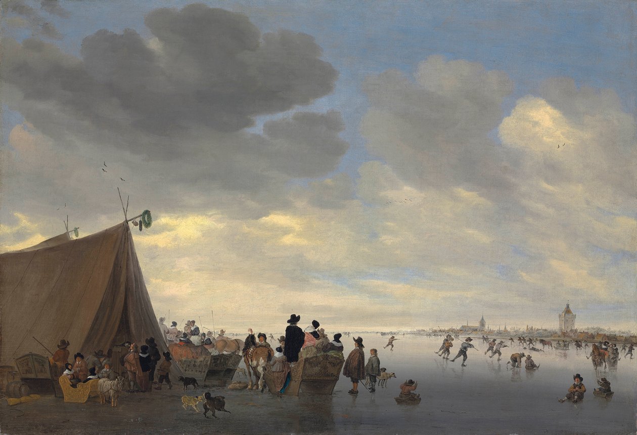 Patineurs sur la rivière gelée Lek, la ville de Vianen au-delà, 1653 - Salomon van Ruisdael or Ruysdael