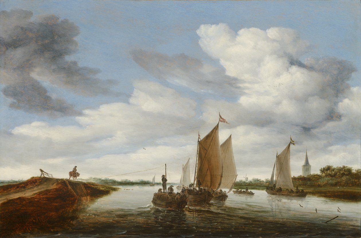 Paysage fluvial avec des voiliers et une péniche tirée par des chevaux - Salomon van Ruysdael