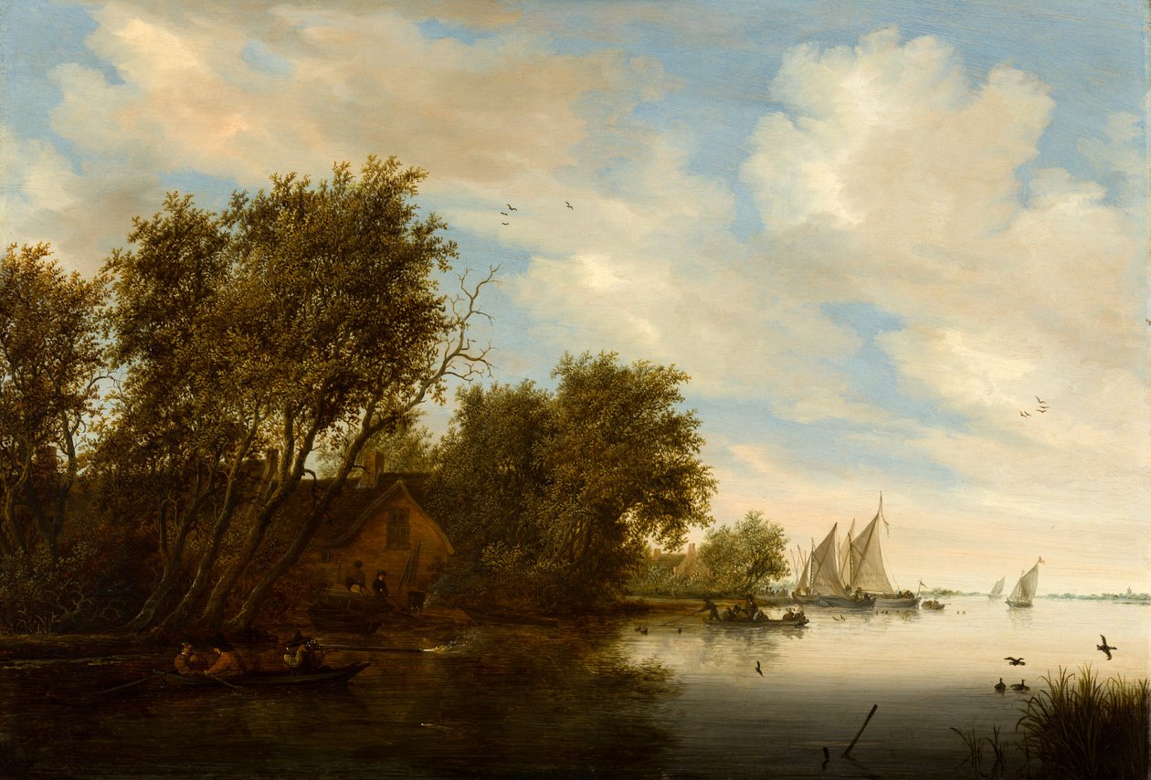 Vue de rivière avec un homme chassant des canards - Salomon van Ruysdael