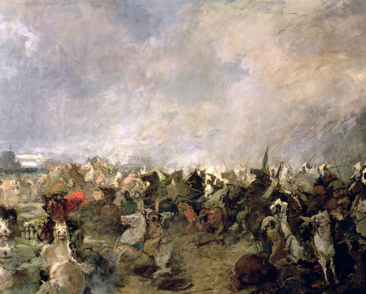 La bataille de Guadalete, détail de la fuite des Goths sous le commandement du roi Roderic en présence de la cavalerie musulmane de Tarik Ibn Ziyad, 711 après J.-C. (détail) - Salvador Martinez Cubells
