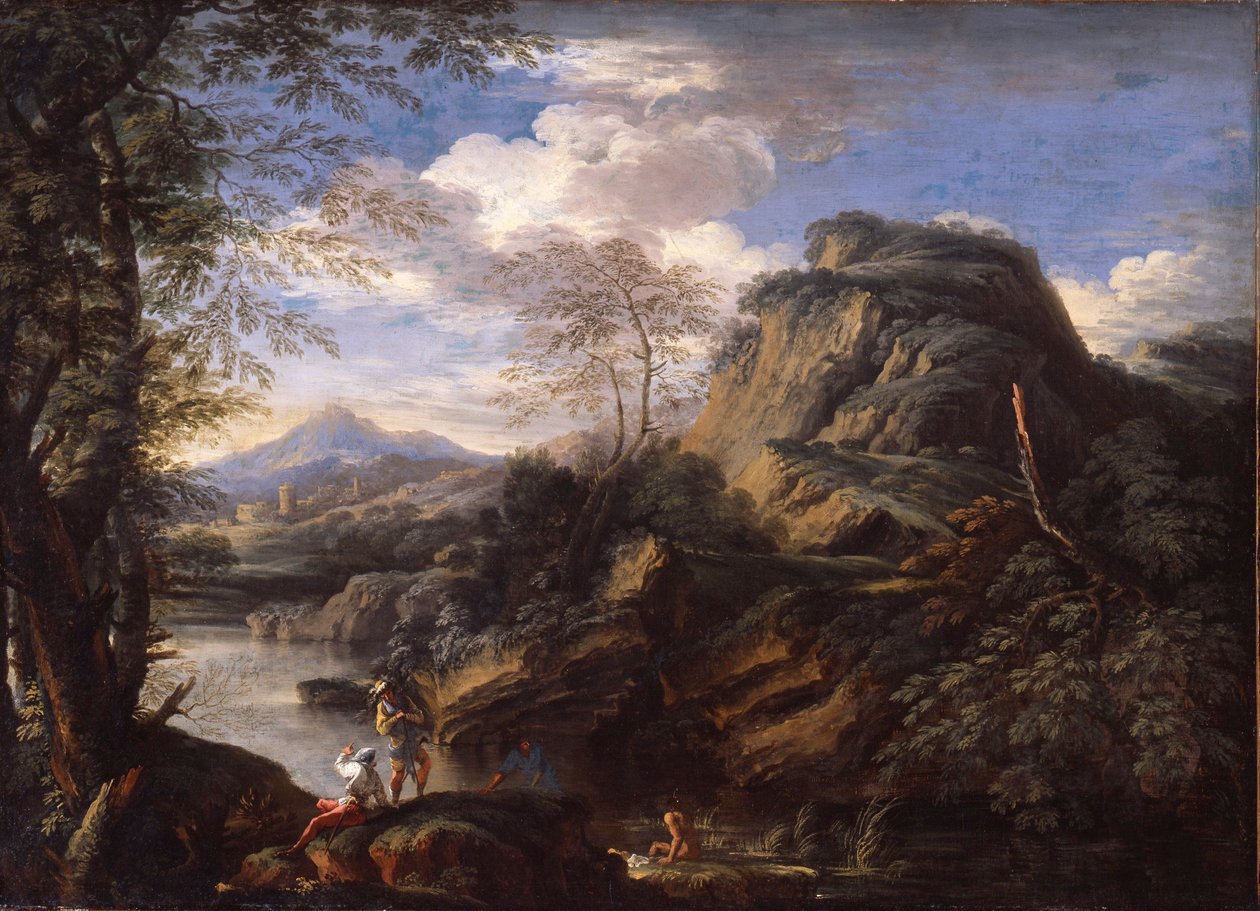 Paysage de montagne avec des figures et un homme se baignant - Salvator Rosa