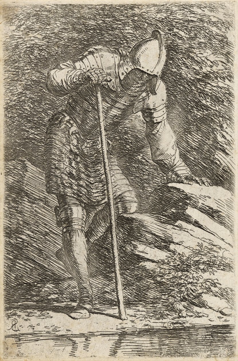 Soldat en casque et armure regardant un ruisseau - Salvator Rosa