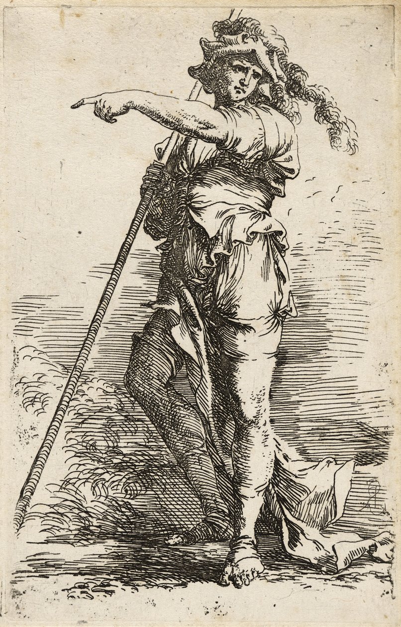 Guerrier debout, tenant un long bâton sur son épaule et pointant - Salvator Rosa