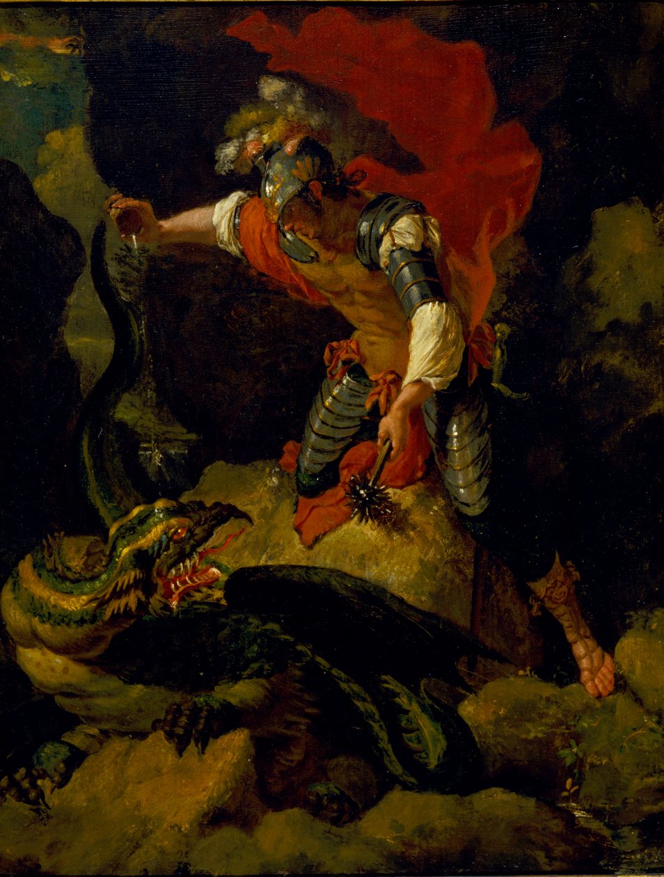 Jason empoisonnant le dragon (huile sur panneau de chêne) - Salvator (after) Rosa