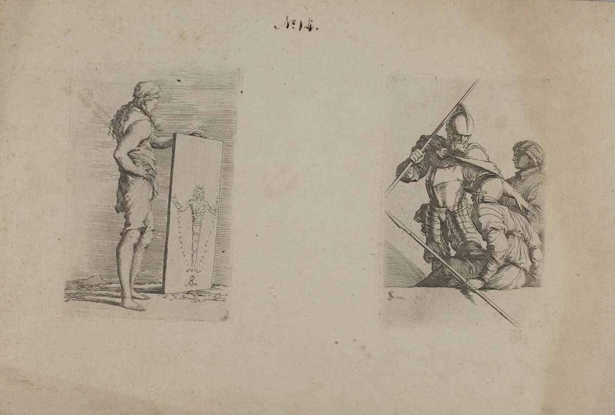 (Série de figurines) Homme aux cheveux longs tenant une pancarte - Salvator Rosa