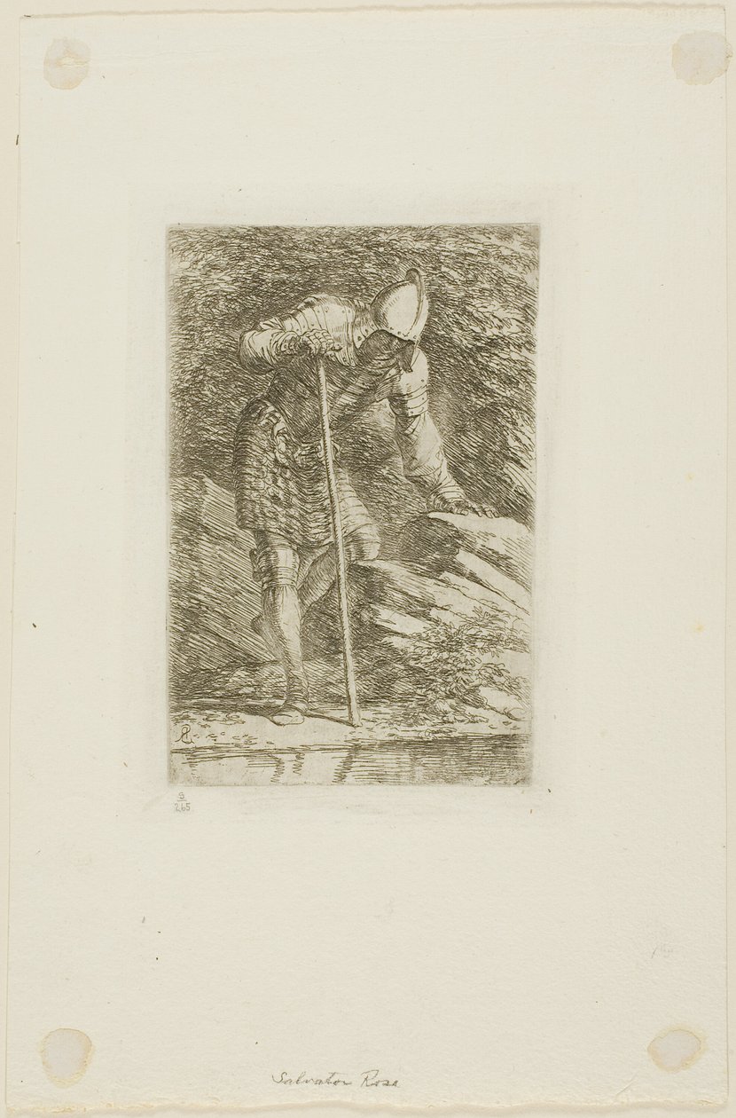 Un guerrier en armure complète dans une grotte - Salvator Rosa