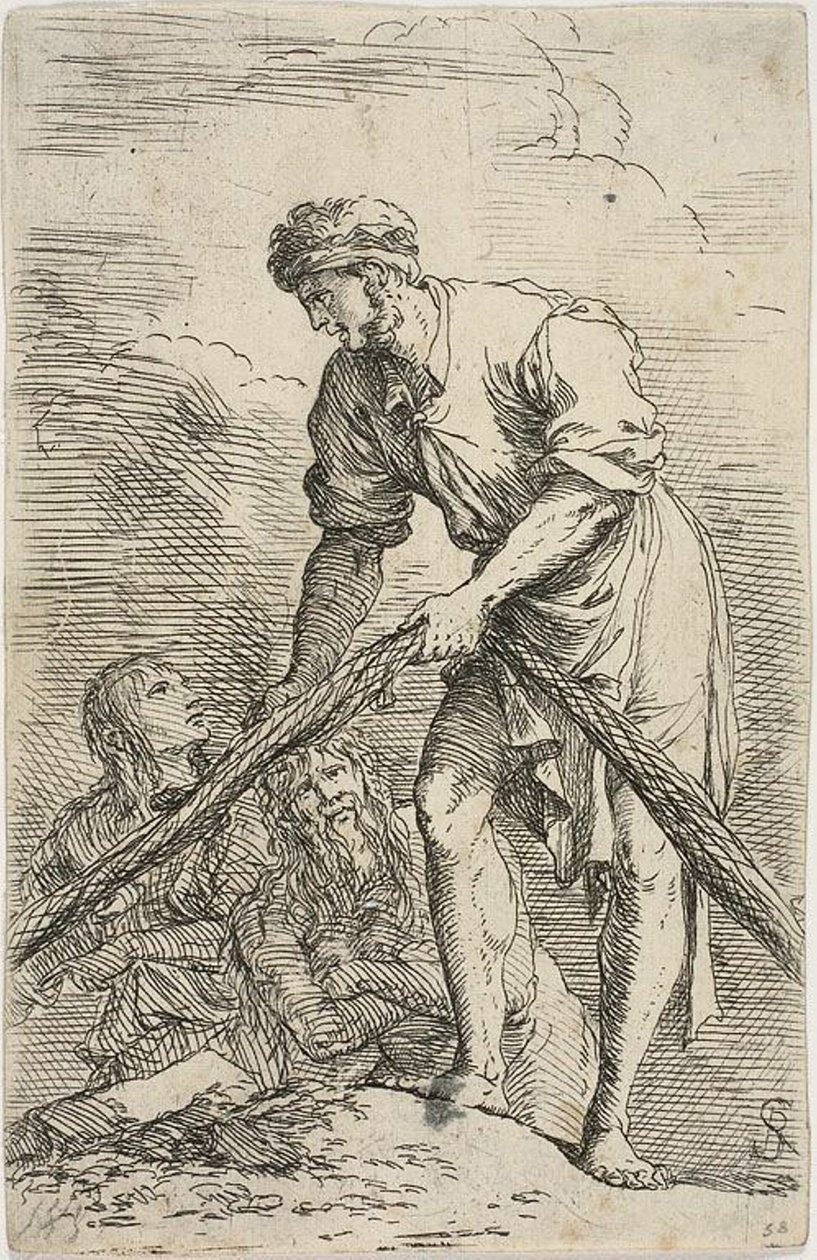 Un homme tirant un filet, avec deux figures derrière lui, de la série Figurine - Salvator Rosa