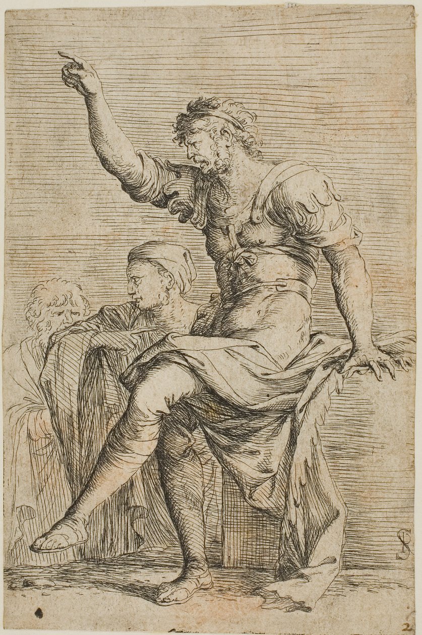 Un guerrier assis sur un bloc et fait des gestes ; deux figures sont derrière lui, de la série Figurine - Salvator Rosa