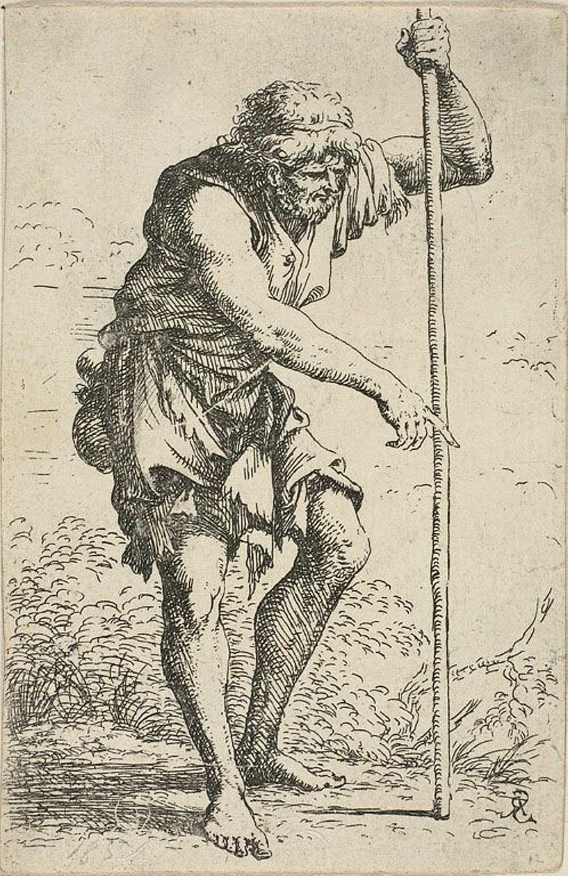 Un Vieil Homme en Haillons avec un Bâton et une Terre à sa Hanche, de Figurina - Salvator Rosa