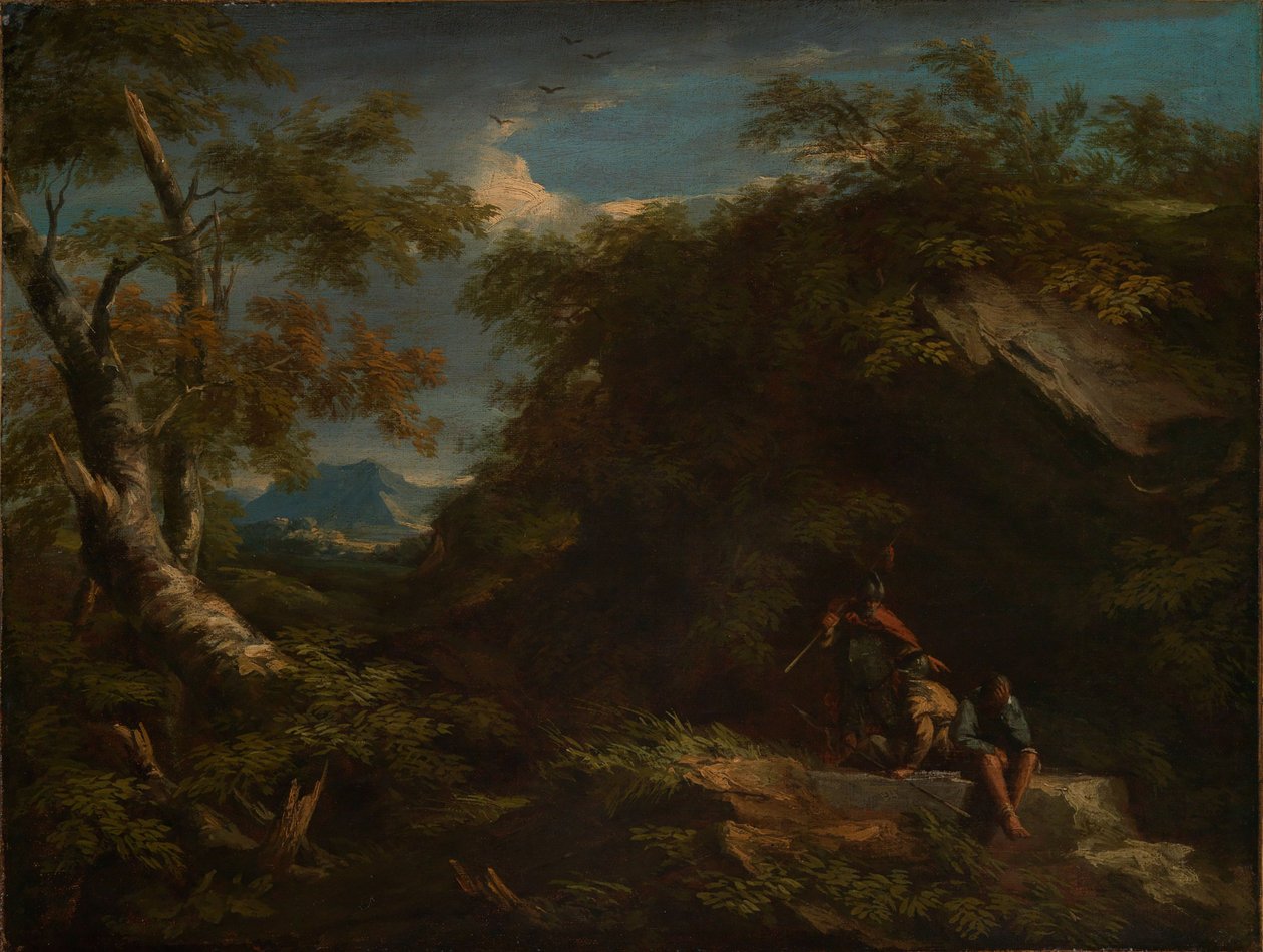 Paysage forestier montagneux avec des guerriers au repos - Salvator Rosa