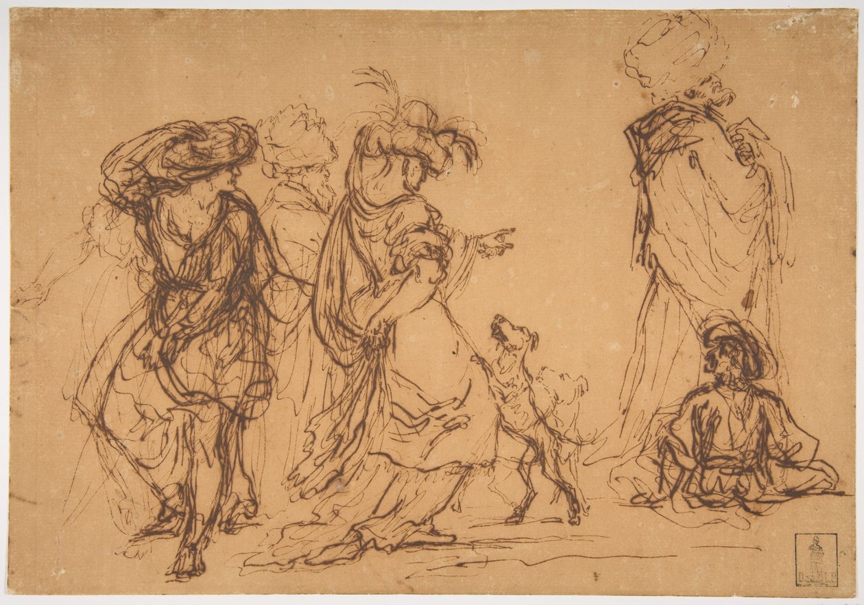 Fünf Figuren in fantastischen Kostümen mit zwei Hunden - Salvator Rosa