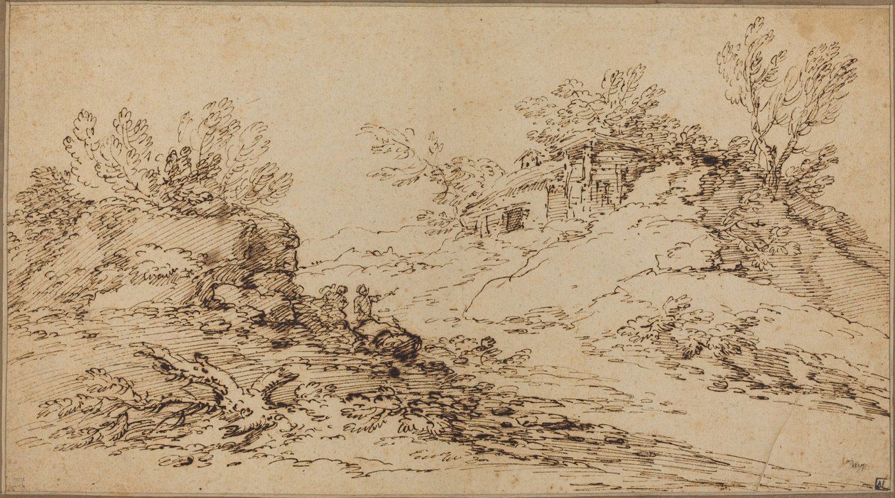 Paysage rocheux avec une maison rustique - Salvator Rosa