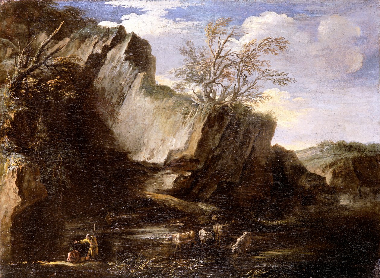 Paysage rocheux avec des bergers et du bétail - Salvator Rosa