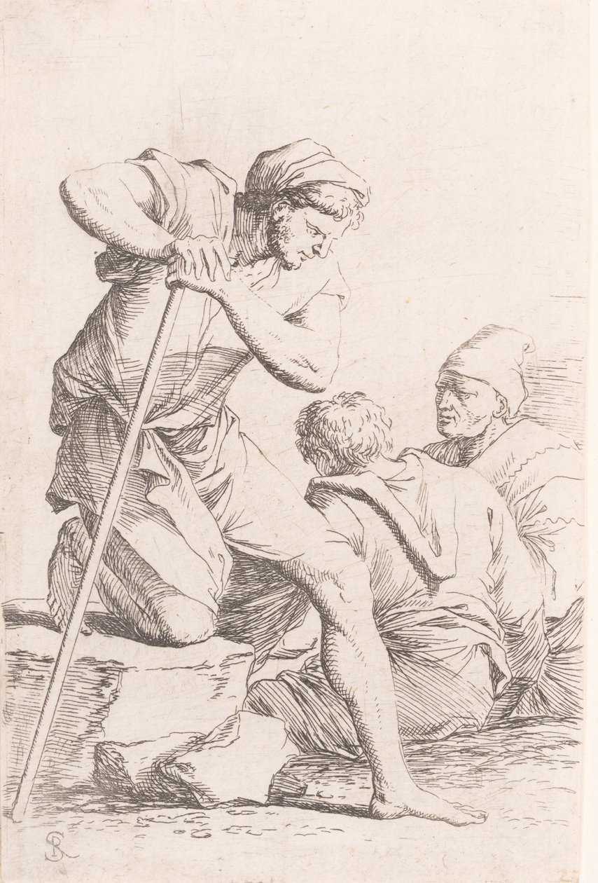 Deux hommes assis et un autre homme tenant un bâton agenouillé sur un rocher, de la série - Salvator Rosa