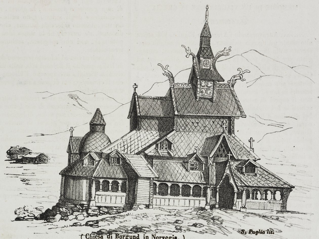 Église en bois debout de Borgund, Norvège, lithographie de Salvatore Puglia de Poliorama Pittoresco, n 40, 14 mai - Salvatore Puglia