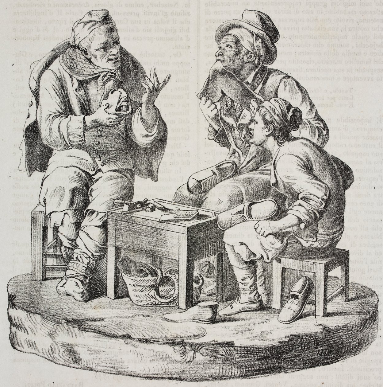 Cordonnier en dispute, statuettes de Giacomo Bongiovanni et Giuseppe Vaccaro, lithographie de Salvatore Puglia de Poliorama Pittoresco, n 32, 18 mars - Salvatore Puglia