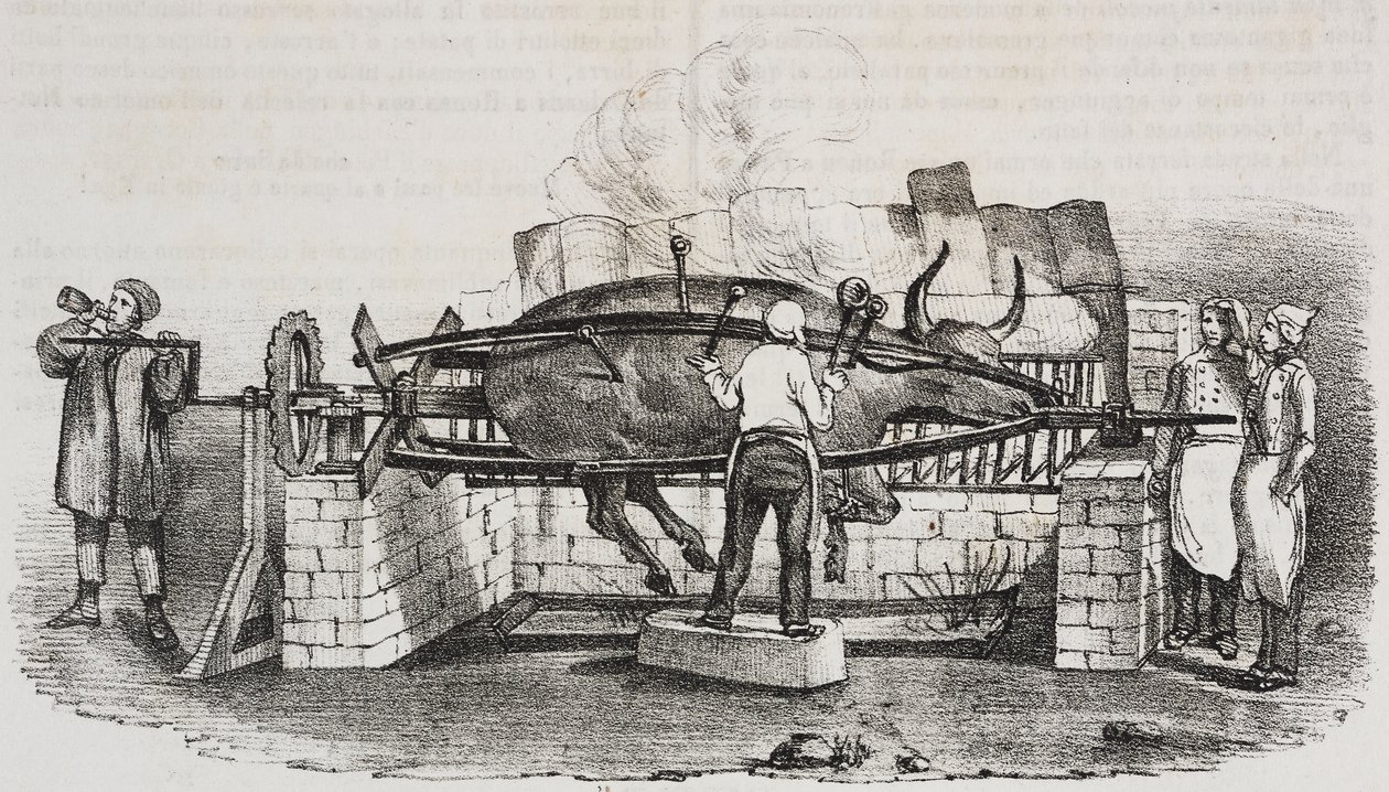Rôti colossal, lithographie de Salvatore Puglia de Poliorama Pittoresco, n 4, 2 septembre - Salvatore Puglia