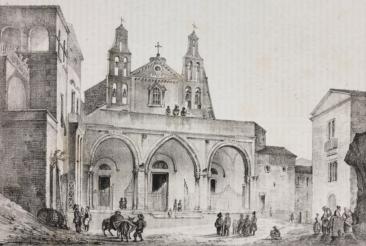Façade de la cathédrale de Sessa Aurunca, Campanie, Italie, lithographie de Salvatore Puglia d