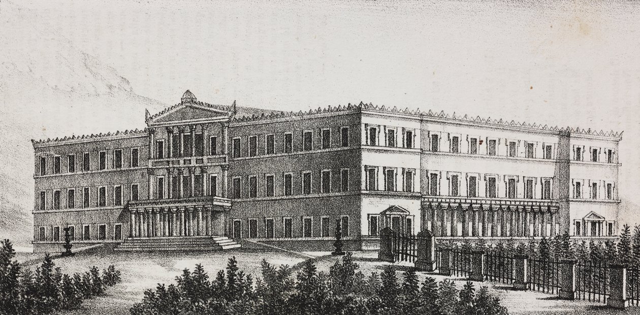 Palais royal à Athènes, Grèce, lithographie de Salvatore Puglia de Poliorama Pittoresco, n 5, 9 septembre - Salvatore Puglia