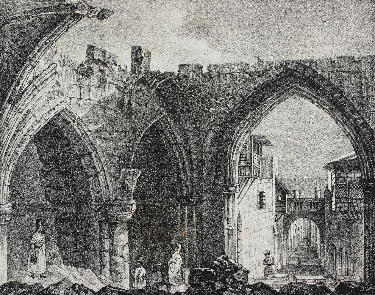 Ruines le long de la rue des Chevaliers, ville de Rhodes, Grèce, lithographie de Salvatore Puglia de Poliorama Pittoresco, n°3, 27 août - Salvatore Puglia