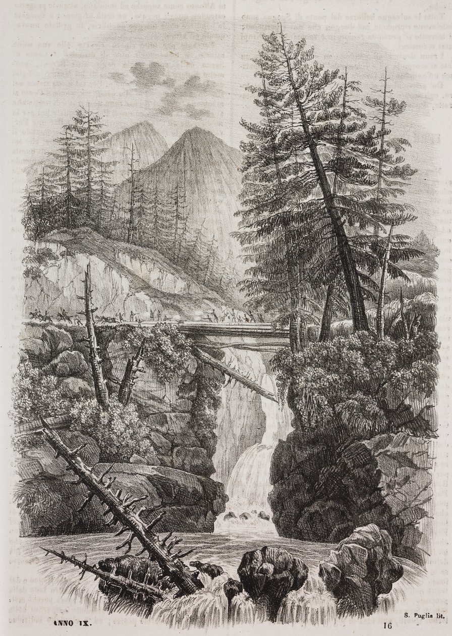 Pont suspendu sur les montagnes des Pyrénées, Espagne, lithographie de Salvatore Puglia de Poliorama Pittoresco, n 16, 23 novembre - Salvatore Puglia