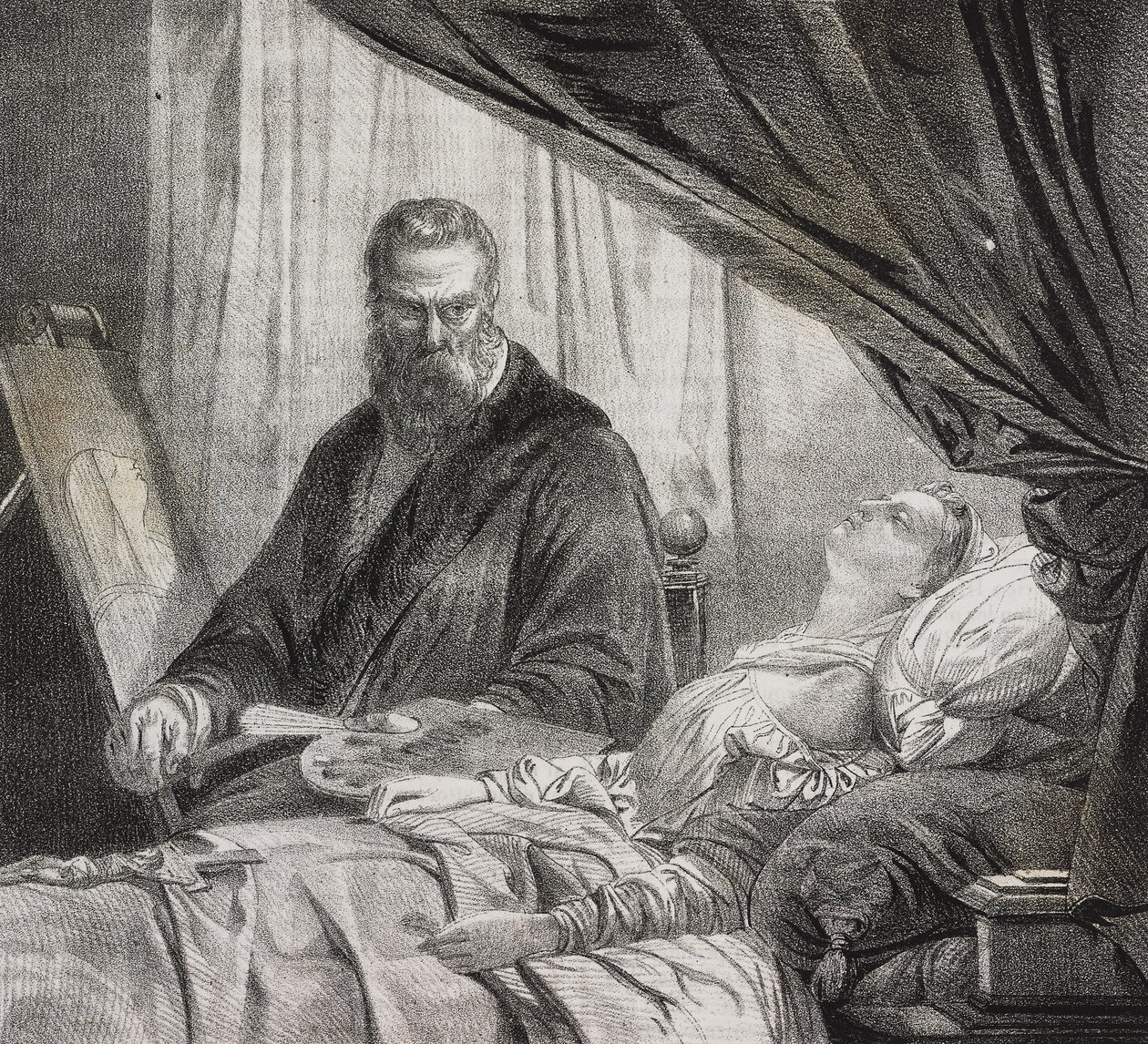 Tintoretto peignant sa fille morte, lithographie de Salvatore Puglia de Poliorama Pittoresco, n 27, 10 février - Salvatore Puglia