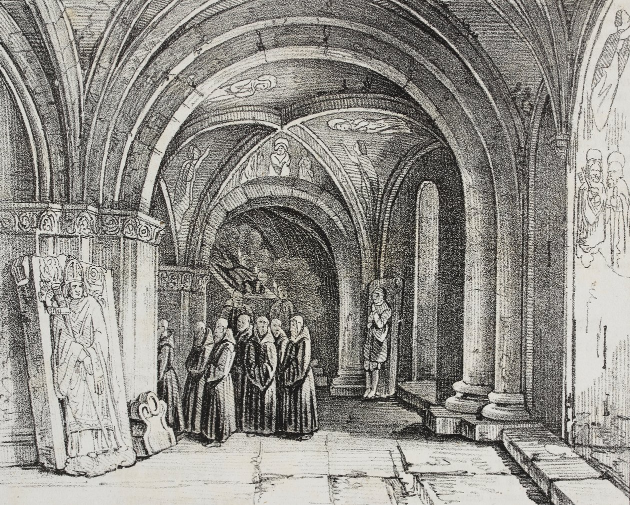 Église souterraine de la cathédrale de Bâle, Suisse, lithographie de Salvatore Puglia de Poliorama Pittoresco, n 50, 22 juillet - Salvatore Puglia