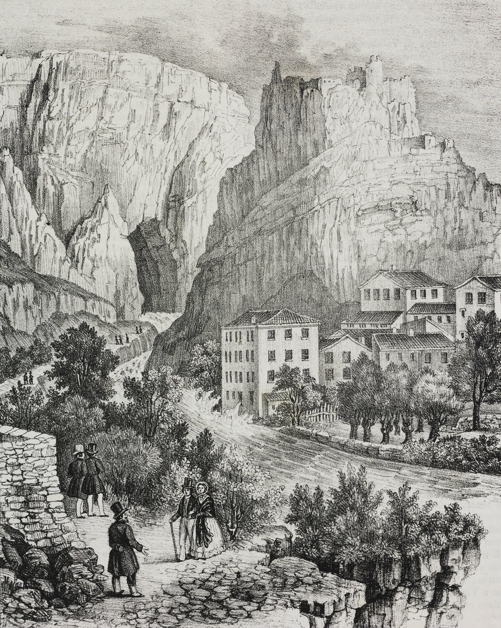 Vue de Fontaine-de-Vaucluse, France, lithographie de Sardi de Poliorama Pittoresco, n 51, 30 juillet - Salvatore Puglia