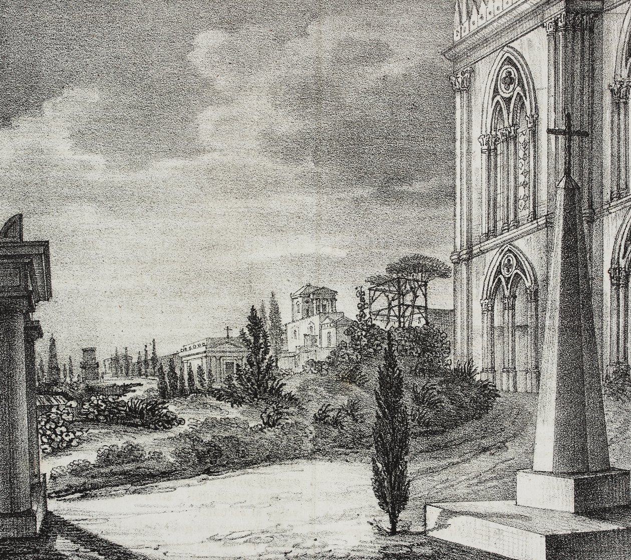 Vue du cimetière du couvent gothique, Naples, Campanie, Italie, lithographie de Salvatore Puglia de Poliorama Pittoresco, n 34, 1er avril - Salvatore Puglia