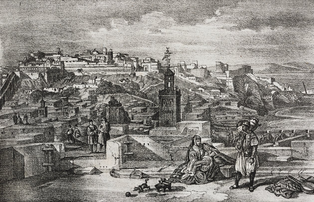 Vue de la citadelle de Tanger, Maroc, lithographie de Salvatore Puglia de Poliorama Pittoresco, n 26, 3 février - Salvatore Puglia