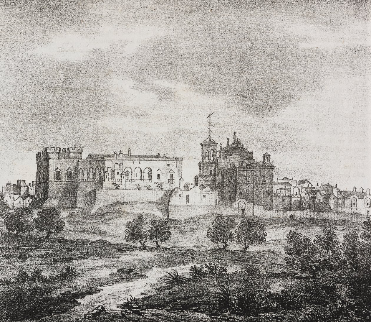 Vue ouest de Mesagne, Apulie, Italie, lithographie de Salvatore Puglia de Poliorama Pittoresco, n 47, 29 juin - Salvatore Puglia