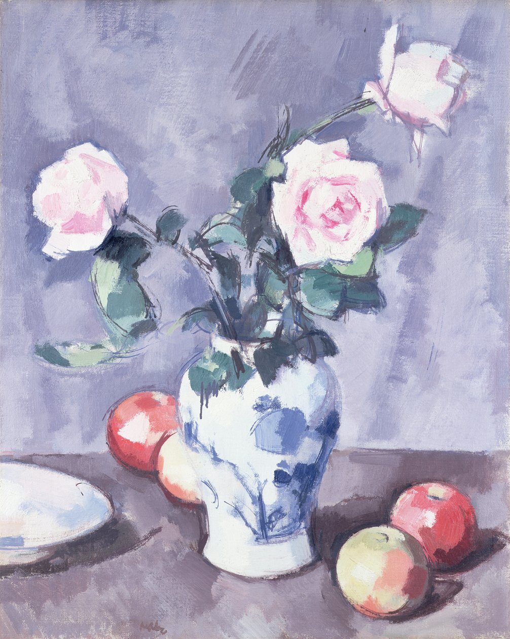 Nature morte de roses dans un vase bleu et blanc - Samuel John Peploe