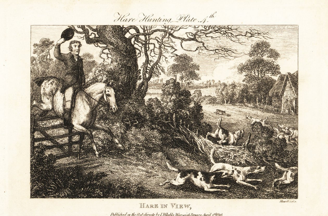 Chasseur à cheval sautant une clôture après une meute de chiens poursuivant un lièvre - Samuel (after) Howitt