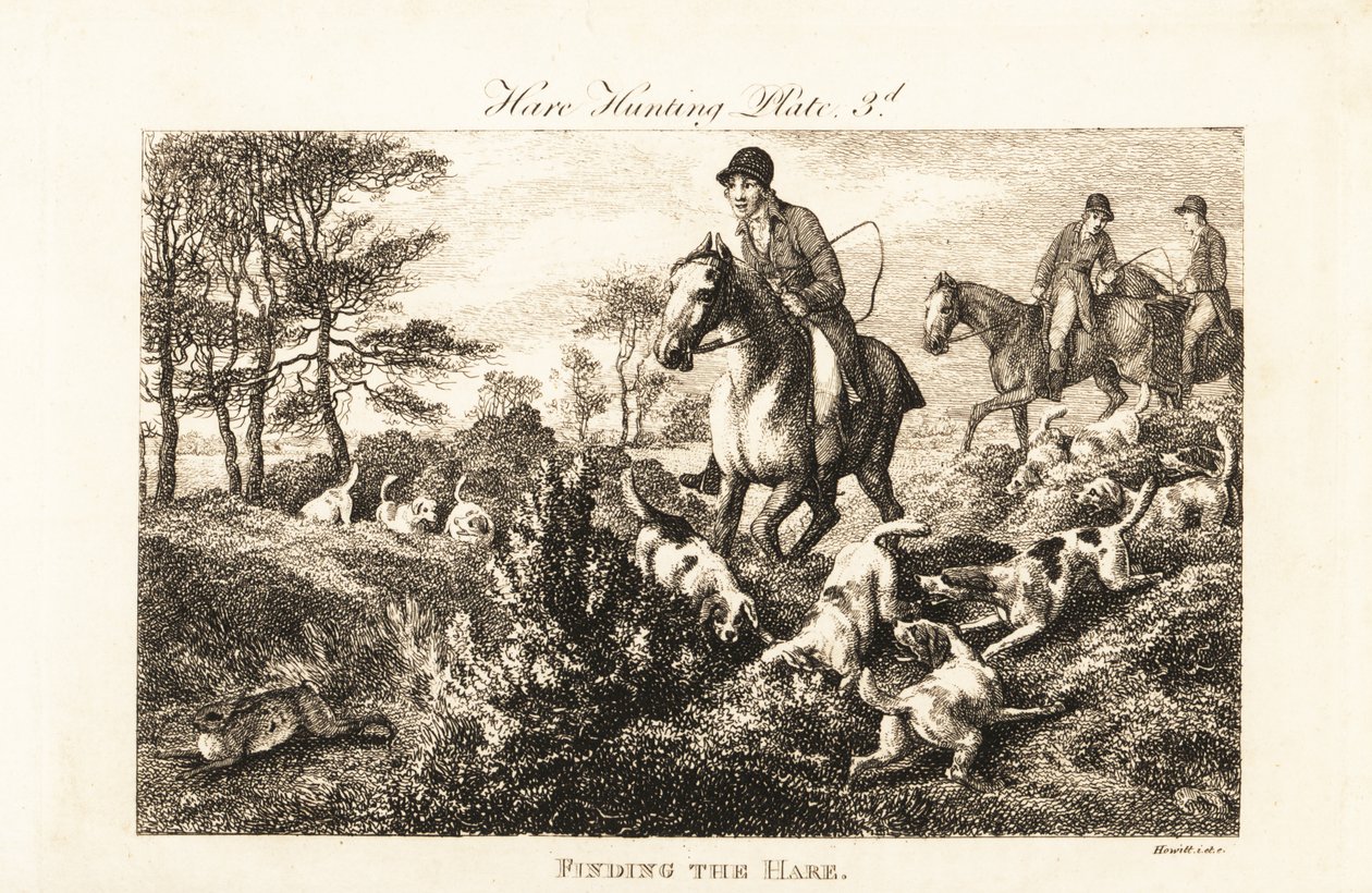 Chasseurs à cheval regardant les chiens trouver un lièvre - Samuel (after) Howitt
