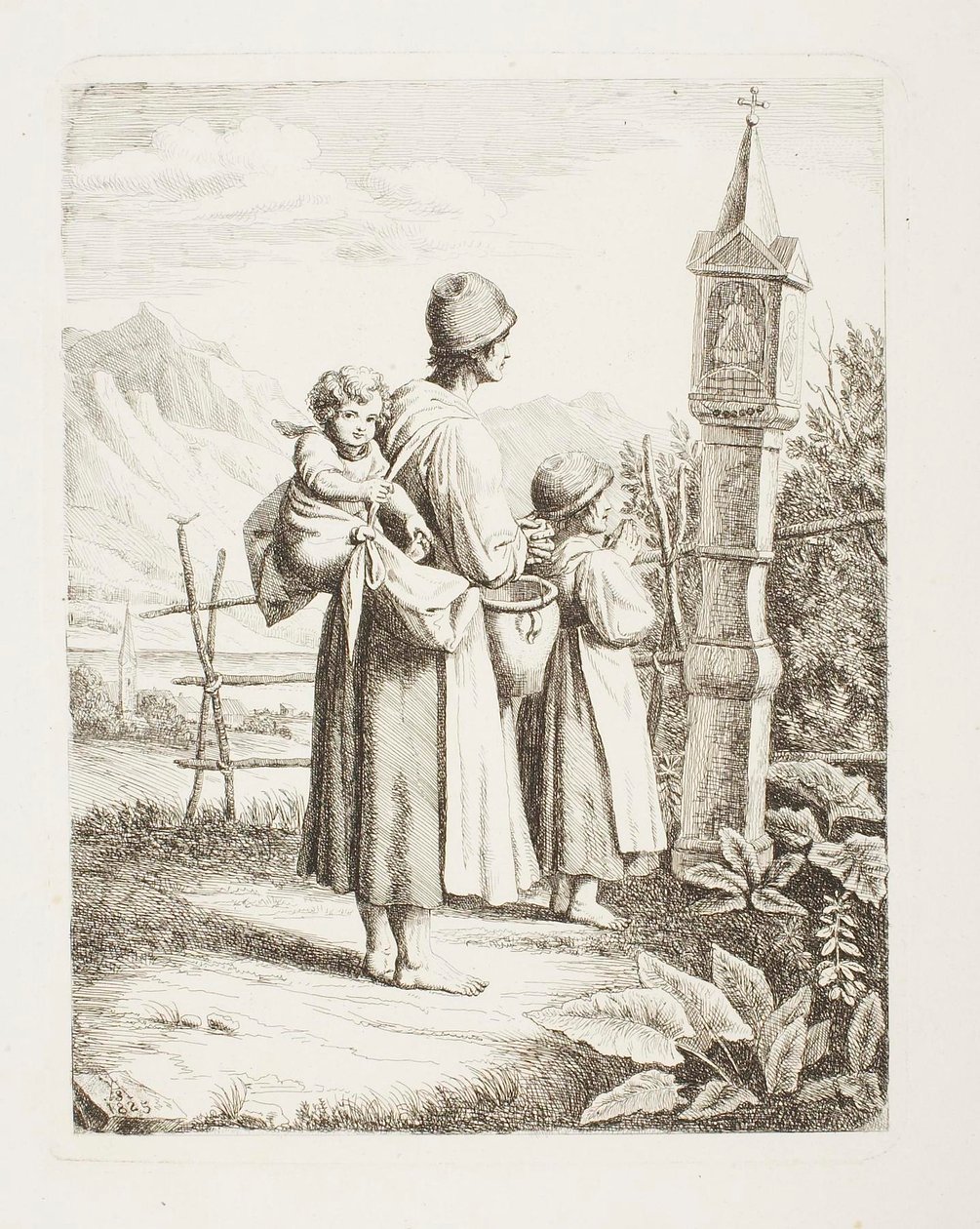 Mendiante avec deux enfants devant une image de la Madone en route vers le Tyrol - Samuel Amsler